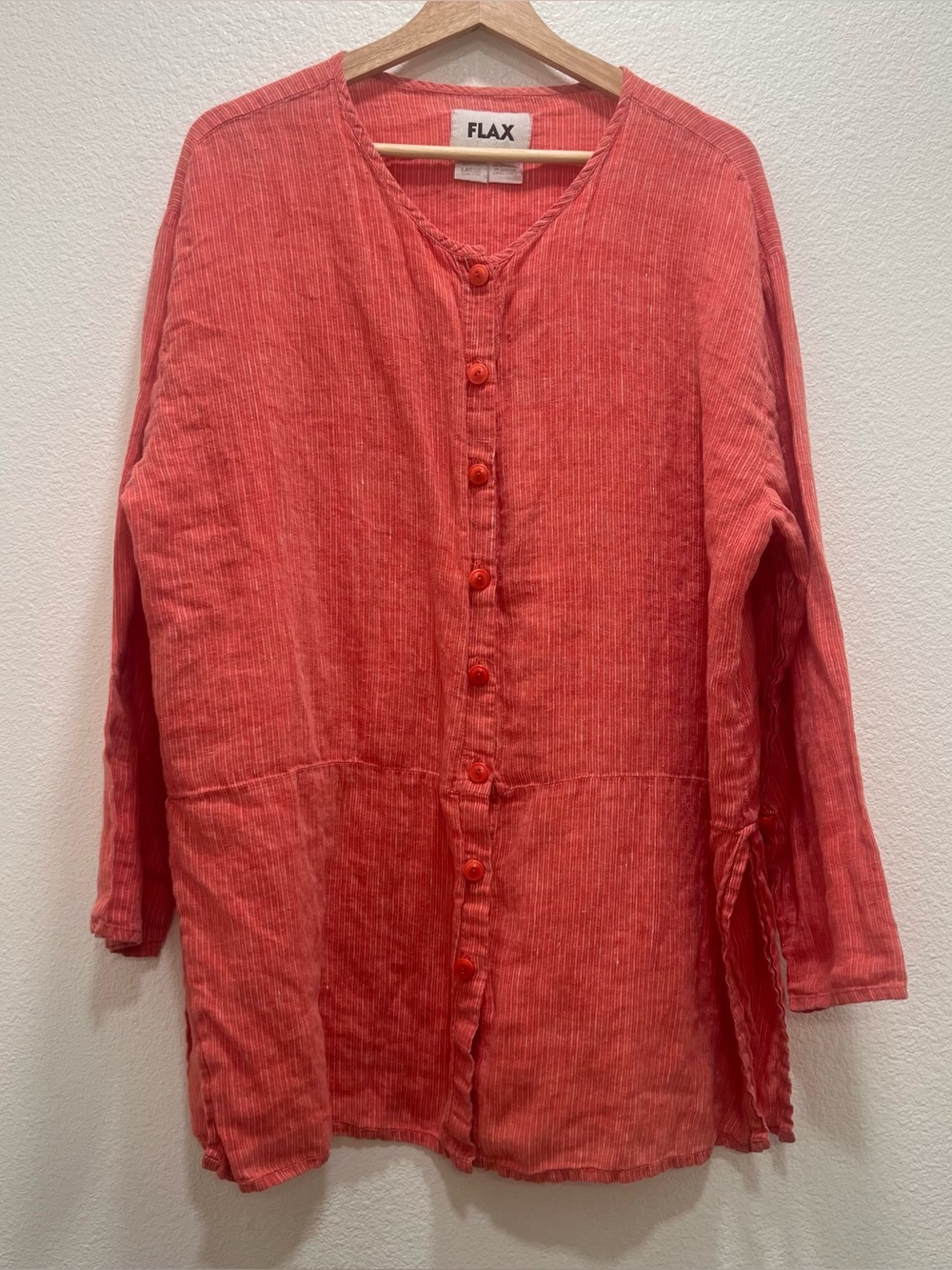 FLAX VTG Linen Pinstripe Button Up Roll Tab Tunic Top Large Lagenlook Coastal